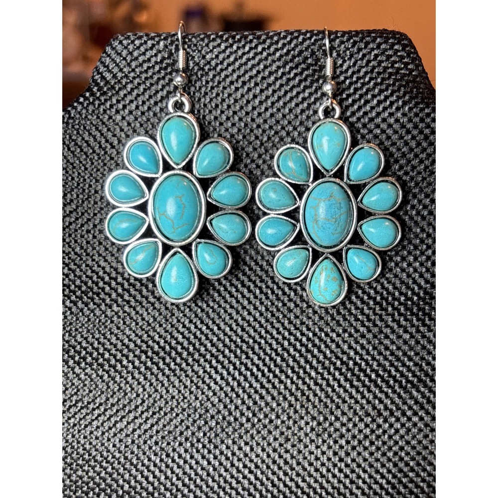 Western Turquoise Style Flower Drop Earrings Silver Tone Boho Southwestern